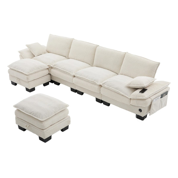 English Elm Sectional Modular Cloud Sofa Deep Corduroy Upholstered Comfort for Living Room Studio Beige W395S00130