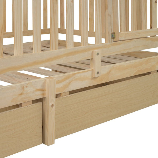 English Elm Twin Pinewood Daybed with Fence Guardrails Splits Into Two Floor Beds Storage Natural LP100881AAN