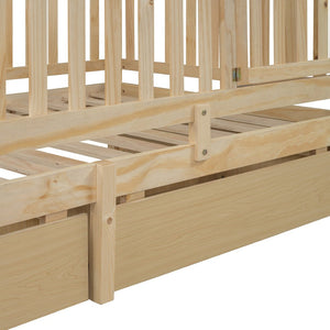 English Elm Twin Pinewood Daybed with Fence Guardrails Two Storage Drawers and Split Floor Bed Natural LP200881AAN