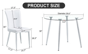 English Elm Table And Chair Set - Modern 38.6" Round Glass Dining Table With 4 Stylish White Pu Chairs, Silver Legs W1151S03822-GIGA