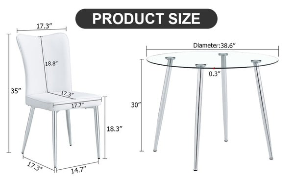 English Elm Table And Chair Set - Modern 38.6" Round Glass Dining Table With 4 Stylish White Pu Chairs, Silver Legs W1151S03822-GIGA