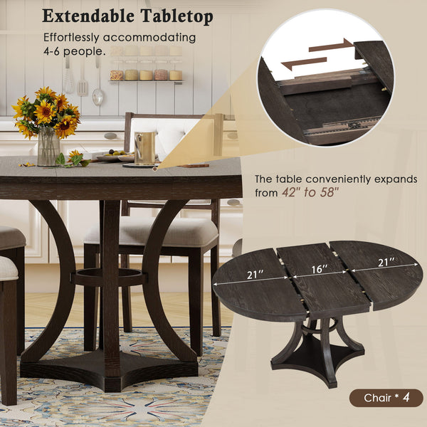 English Elm TREXM Retro 5-Piece Extendable Round-to-Oval Dining Set with Upholstered Chairs and Distressed Finish Espresso ST000144AAP