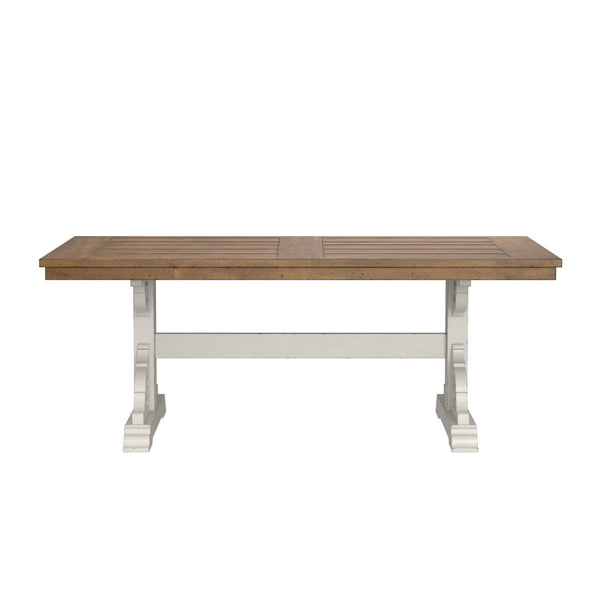 English Elm Wallace & Bay - Brown Farmhouse Trestle Dining Table – Rustic Dark Pine & Weathered White Finish For 6-8 Guests B361P384404-GIGA