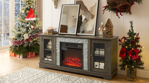 English Elm 58" Modern TV Stand with 18" Electric Fireplace, Faux Stone Mantel, Ample Storage & Cable Management for Living Room Comfort and Style Grey W2275S00027