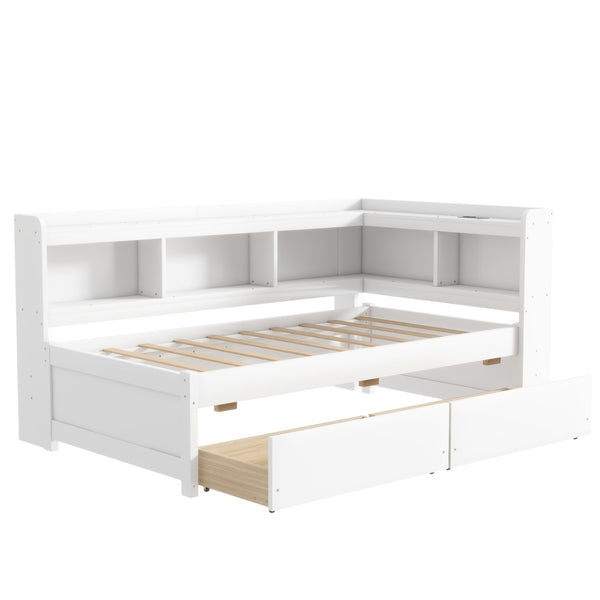 English Elm Twin L-Shaped Bookcase Bed With Usb Charging, Two Drawers & Modern White Finish For Smart Storage W504S00244-GIGA