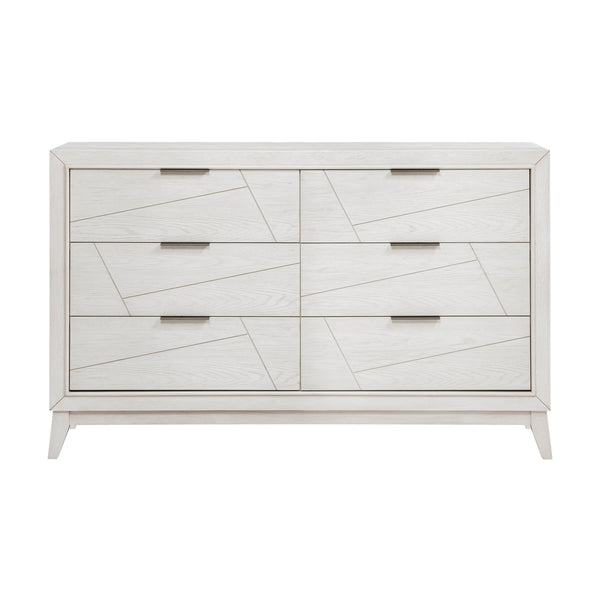 English Elm Antique Asteria Six-Drawer Dresser with Oak Veneer, Black Metal Bar Handles and Modern Geometric Flair Antique White 65 L x 21.5 W x 39.25 H B011P286904