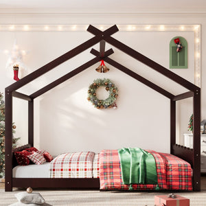 English Elm Queen House Frame Floor Bed Solid Pine Montessori Low Profile Kids Bedroom Espresso W1580P387850