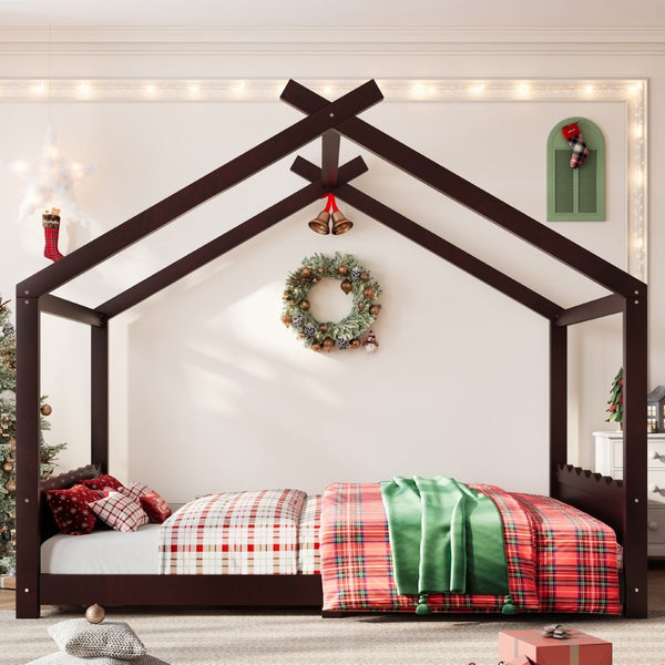 English Elm Queen House Frame Floor Bed Solid Pine Montessori Low Profile Kids Bedroom Espresso W1580P387850