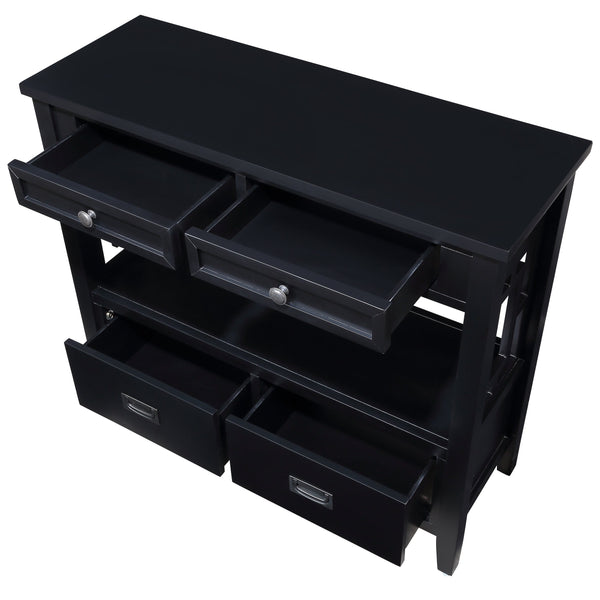 English Elm 36'' Farmhouse Pine Console Table with 4 Drawers & Open Shelf, Solid Wood MDF, Retro-Modern Entryway Accent W1202P251878