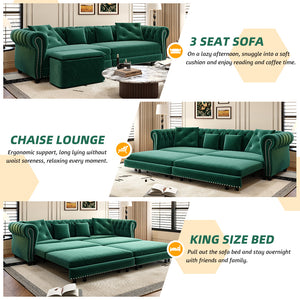 English Elm Chesterfield 3-In-1 Convertible Sleeper Sofa Bed With Movable Ottoman & Pillows - Stylish Green Velvet W1885S00176
