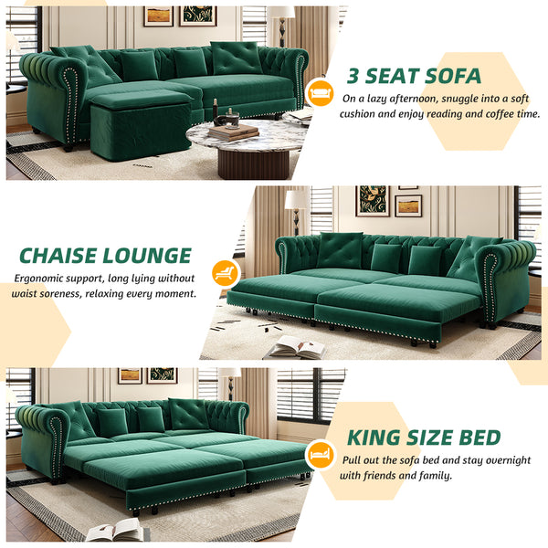 English Elm Chesterfield 3-In-1 Convertible Sleeper Sofa Bed With Movable Ottoman & Pillows - Stylish Green Velvet W1885S00176