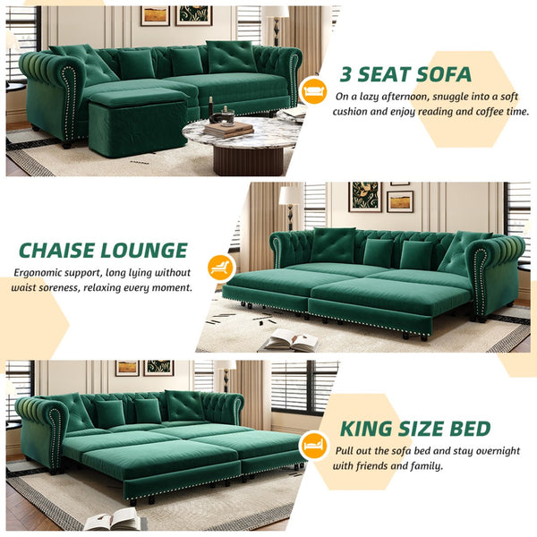 English Elm Chesterfield Tufted Velvet Sleeper Sofa King Convertible with Movable Ottoman 3 Seat W1885S00444
