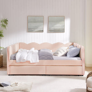 English Elm Queen Gingham Linen Daybed with Wave Backrest Two Storage Drawers and Usb Port Pink W1413S00150