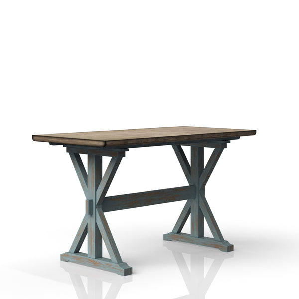 English Elm X Aqua Blue Counter Height Dining Table with X Base, Solid Wood & MDF, Casual Live Edge Chic Finish B2699P206764