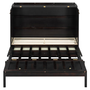English Elm Full Size Murphy Wall Bed Cabinet with Rattan Panel Detailing and Storage Drawers Espresso N708P336203P