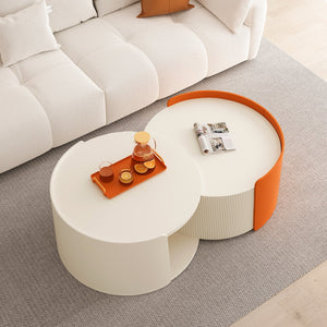 English Elm Nesting Modern Round Coffee Table Set with Sliding Extendable Top, Space-Saving MDF Design, 66lb Capacity Antique White W757P186974