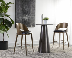 Sunpan Dezirae Barstool - Stylish Curved Back Design with Genuine Leather Seat and Unique Craftsmanship Antique Brass / Charcoal Black Leather