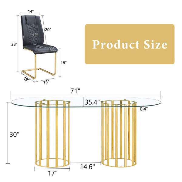 English Elm Table and Chair Set Oval Tempered Glass Top Six Seat Glam Dining with Arched Legs Black+Gold,Transparent W1151S04720