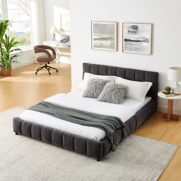 English Elm Queen Chenille Upholstered Platform Bed with Storage Drawers and Padded Headboard Dark Gray W487P235286
