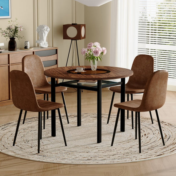 English Elm Table Set Modern Round 42 Inch Wood Grain Glass Inset with 4 Fabric Chairs for Dining W1151S04477