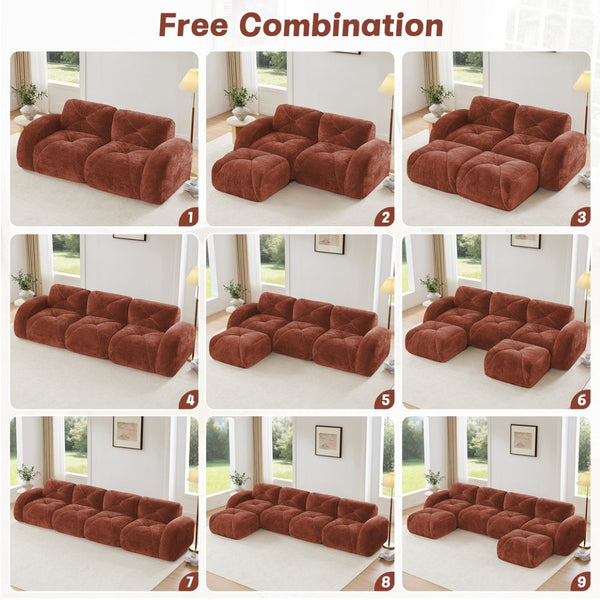 English Elm 110''boneless Velvet Sectional Sofa Modular Cloud Seating with Tufted Cushions for Living Rooms Red+Brown W714S01607