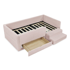 English Elm Twin Boucle Upholstered Kids Bed with Guardrails Built in Storage and Cushioned Step Stool Pink W1413P433365