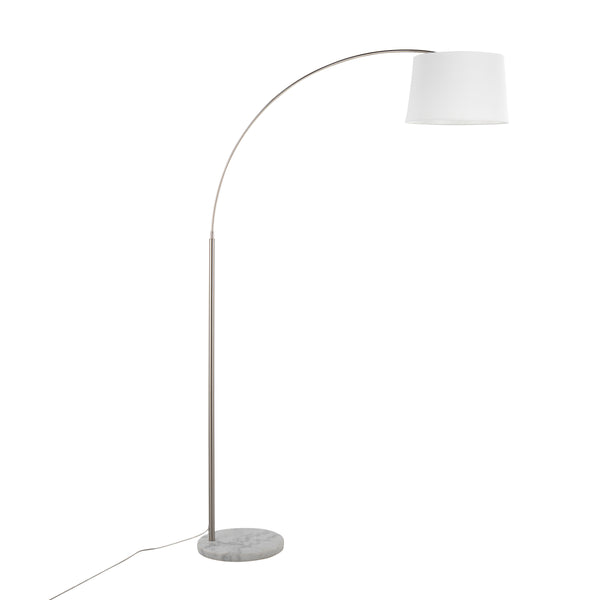 English Elm March Floor Lamp: Elegant Arc Design With White Linen Shade & Marble Base For Modern Interiors B202S01376