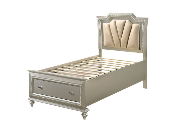 English Elm Kaitlyn Queen Bed with LED & Hidden Storage Drawers, Padded Tufted PU Headboard, Glam Wood Trim Champagne 28 L x 21 W x 18 H B2726S00314