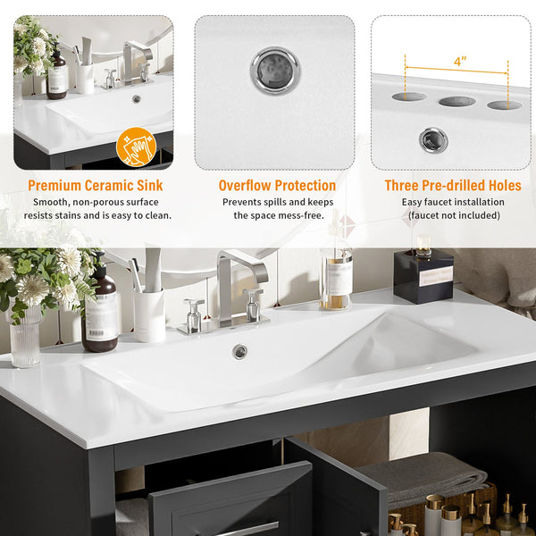 English Elm 36" Modern Bathroom Vanity with Ceramic Sink, Soft-Close Doors, 3 Drawers & Ample Storage for Small Baths Black N729P280194B