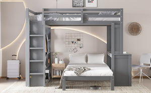 English Elm Queen Solid Wood Bunk Bed With Dismountable Twin, Desk, Shelves & Wardrobe - Modern Grey Design W1580S00215-GIGA