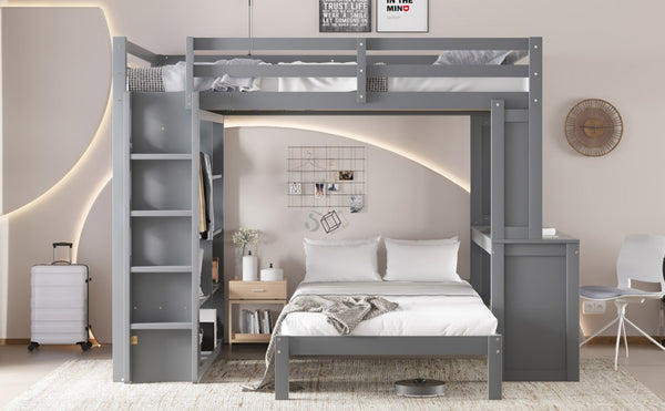 English Elm Queen Solid Wood Bunk Bed With Dismountable Twin, Desk, Shelves & Wardrobe - Modern Grey Design W1580S00215-GIGA
