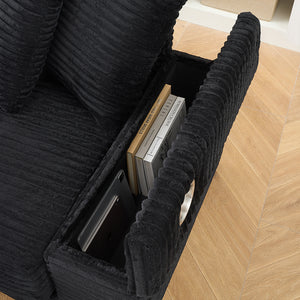 English Elm 111.4 Corduroy L-shaped Sofa with Chaise, Cup Holder & Storage Armrest, Solid Wood Frame, 500lb Capacity Black W1658S00133