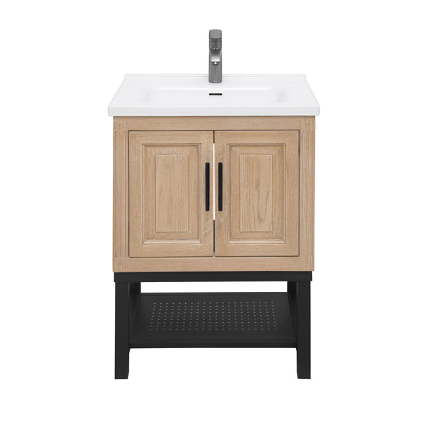 English Elm 24" Bathroom Vanity with Smooth White Ceramic Sink, Durable Metal Hinges, Adjustable Feet, Sleek Faucet & Open Iron Shelf Natural W688P224403