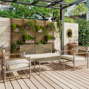 English Elm 4 Piece Patio Rattan Set with High-Rebound Cushions and Wood-Grain Tempered Glass Tabletop, Stylish Outdoor Conversation Sofa for Garden Balcony Poolside White+Natural W2337S00002