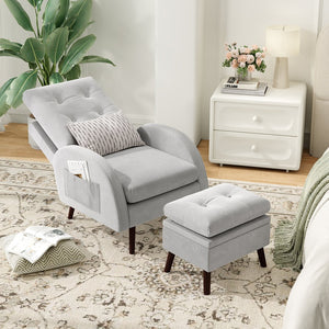 English Elm Upholstered Velvet Accent Chair and Ottoman with Storage, Tufted Design, 6-Level Adjustable Backrest Light Gray T3623P411378