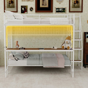 English Elm Full Over Twin Metal Bunk Bed with Desk Led Strip Shelves for Teen Dorm Rooms Ancient White W1935S00010