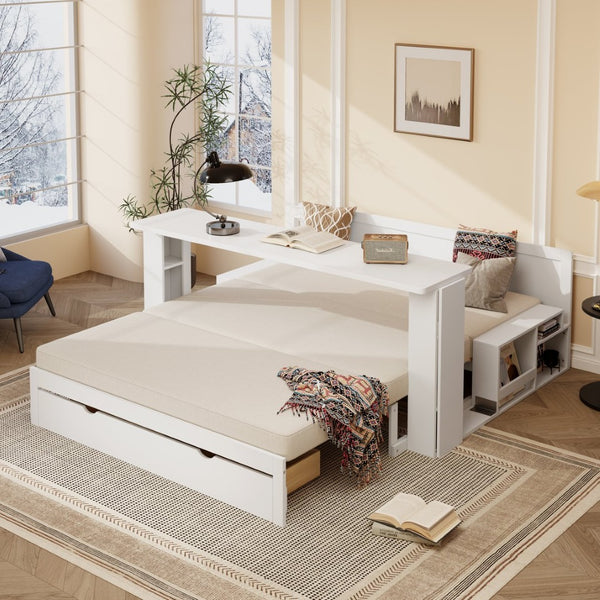 English Elm Queen Daybed with Hydraulic Desk Storage Drawers and Convertible Sofa for Small Spaces White LT000272AAK