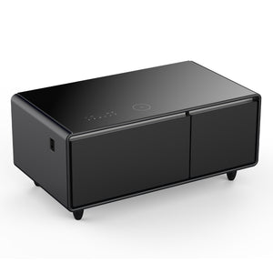 English Elm Modern Smart Coffee Table with Built-In Fridge Drawers, Bluetooth Speaker, Wireless Charger, Touch Panel Lighting and USB Ports Black W1172P354253