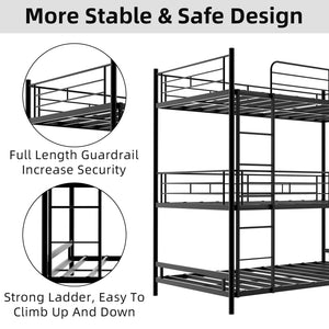 English Elm Heavy-duty triple bunk bed frame with built-in ladder, full guardrails, metal slats, space-saving design Black W1935P330699