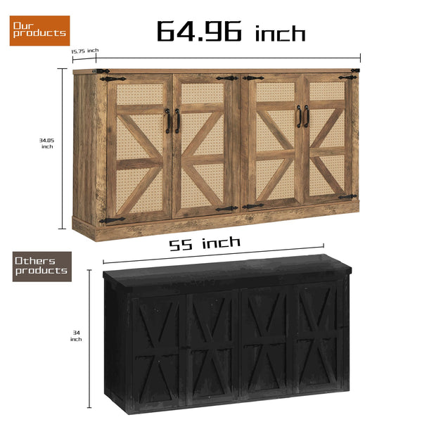 English Elm 65-Inch Slate Gray 3D Faux Rattan Sideboard with Barn-Style Doors, Magnetic Closure & Adjustable Shelves Oak W2702P184359