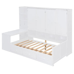 English Elm Twin Size Daybed With Storage Drawers, Desk & Shelves - Stylish Space-Saving Furniture In White N820S00054K-GIGA