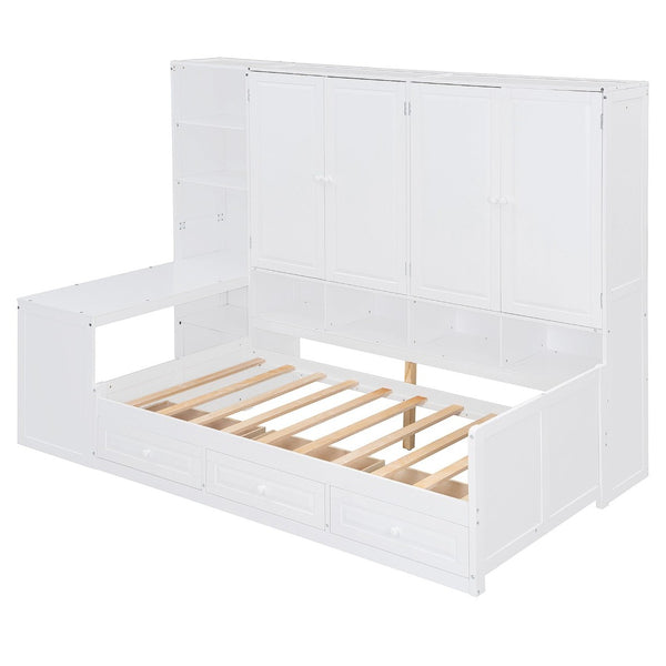 English Elm Twin Size Daybed With Storage Drawers, Desk & Shelves - Stylish Space-Saving Furniture In White N820S00054K-GIGA