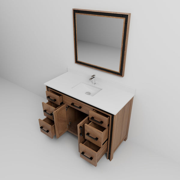 English Elm Rustic Barnwood 48" Bath Vanity with White Quartz Top, Chrome Faucet, 34" Mirror, Scratch-Resist Durable B2731S01347