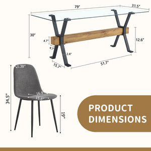 English Elm Table And Chair Set: Modern 79"X31.5" Glass Top With X-Shaped Metal Legs & 6 Dark Gray Linen Chairs W1151S03601-GIGA