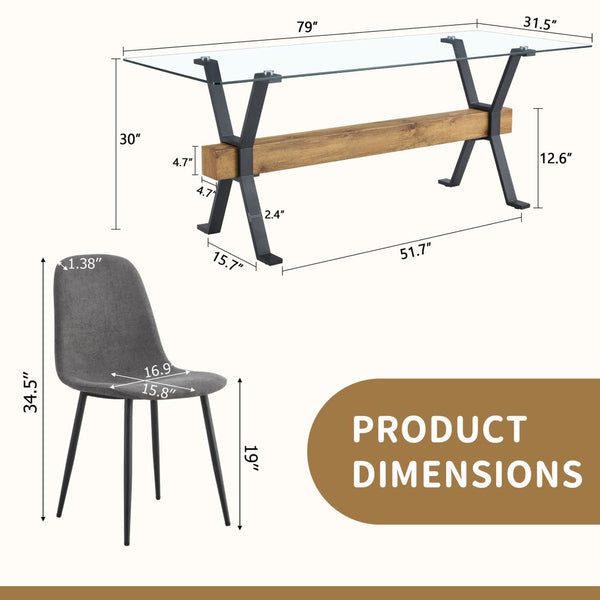 English Elm Table And Chair Set: Modern 79"X31.5" Glass Top With X-Shaped Metal Legs & 6 Dark Gray Linen Chairs W1151S03601-GIGA