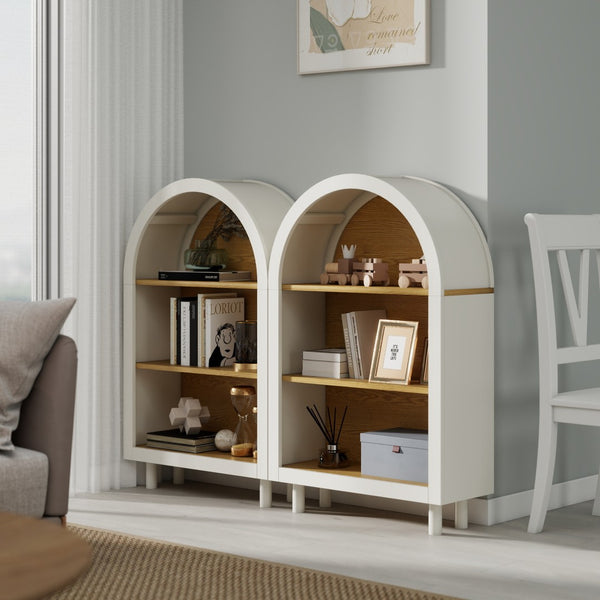 English Elm Arched Bookcase Set of 2 Three Tier Mdf Shelving with Warm Woodgrain Accent W2557P475972