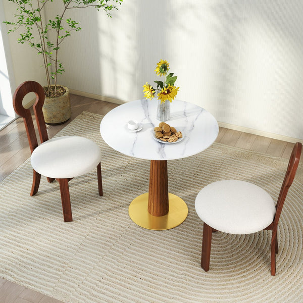 English Elm Modern Round Dining Table - 33.5" Sintered Stone Top With Wooden Legs & Gold Base, 2-Person Design W1535S00575
