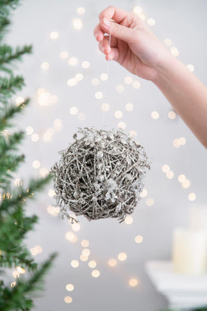 English Elm D4.5" Iced Leaf/Twig Ball Silver Hanging Ornaments Set of 4 — Natural Frosted Texture for Tree Decor Gifts W2078P262451
