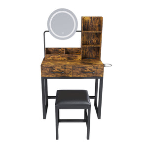 English Elm Makeup Vanity Table with LED Lights, Built-In Outlet & USB, Large Drawers, Hair Dryer Stand Brown W509P297015