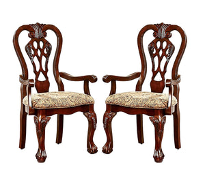 English Elm Formal Classic Set of 2 Arm Chairs Cherry Brown Solid Wood Damask Fabric Padded Seats, Intricate Carved Backs, Ball & Claw Feet B011P248054